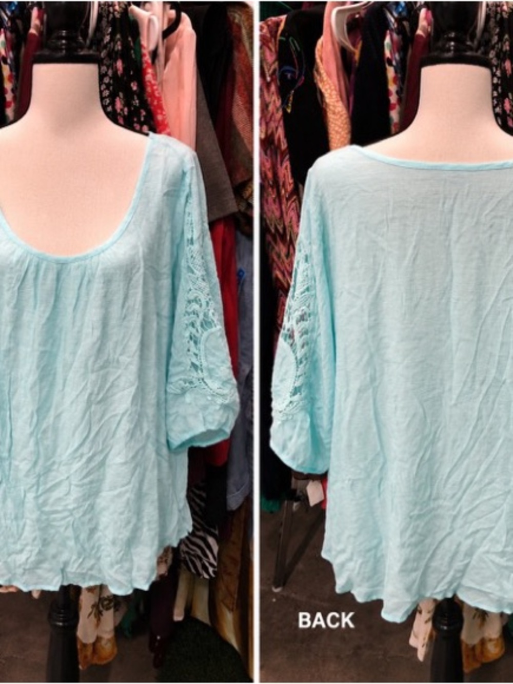 Unique Spectrum Light Blue Scoop Neck Tunic with Crochet Sleeves